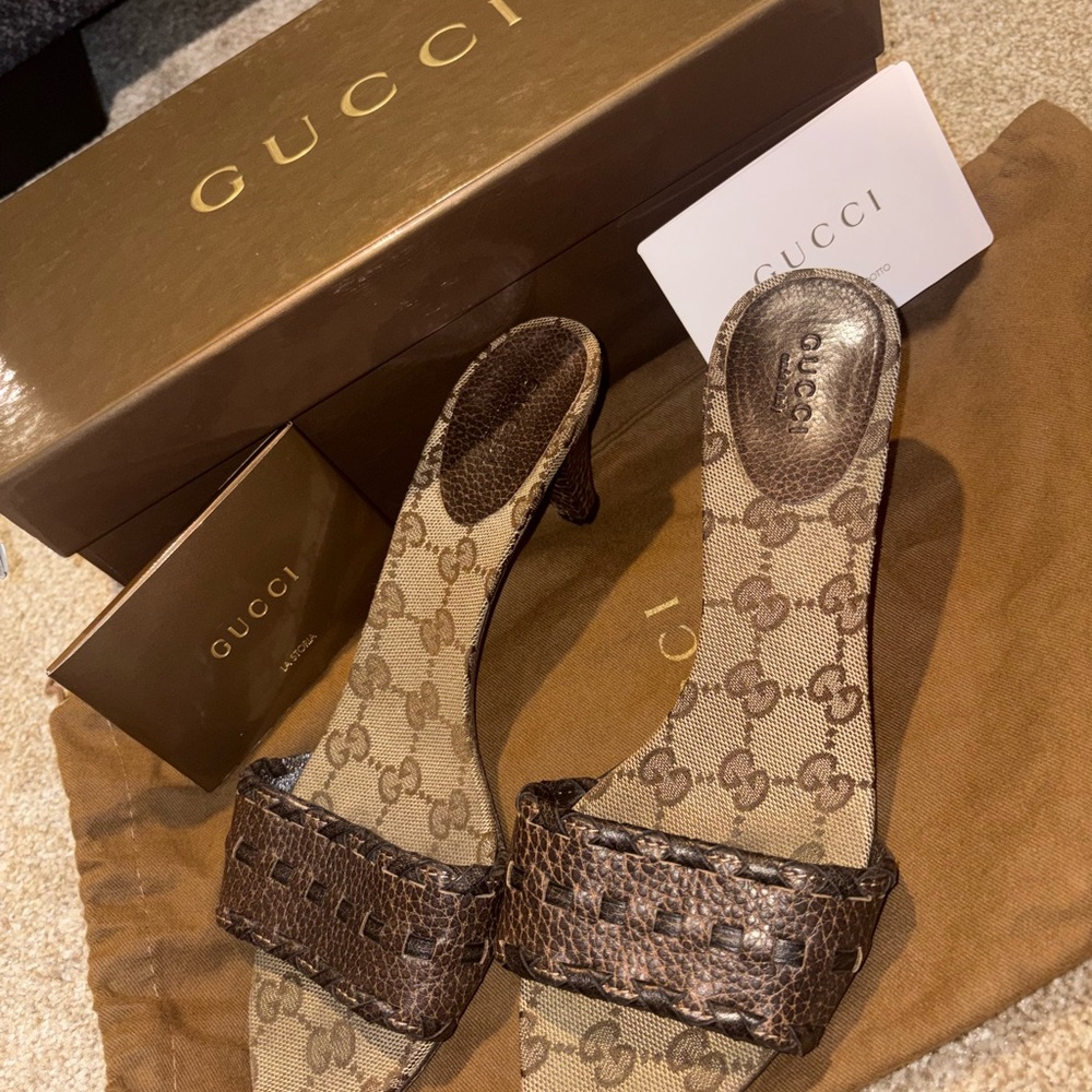 Gucci Brown GG Canvas Woven Leather Strap Heeled Slides